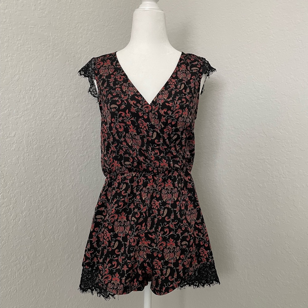 Black and burgundy floral lace romper with V-neckline and short sleeves